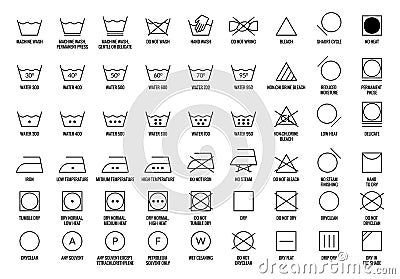 Laundry vector icons set. Care clothes instructions on labels, machine or hand washing signs collection. Water, ironing Vector Illustration