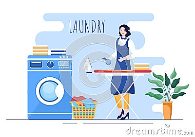 Laundry with Wash and Drying Machines in Flat Background Illustration. Dirty Cloth Lying in Basket and Women are Washing Clothes Vector Illustration