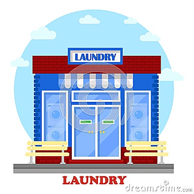 Laundry or washhouse building with wash machines Vector Illustration