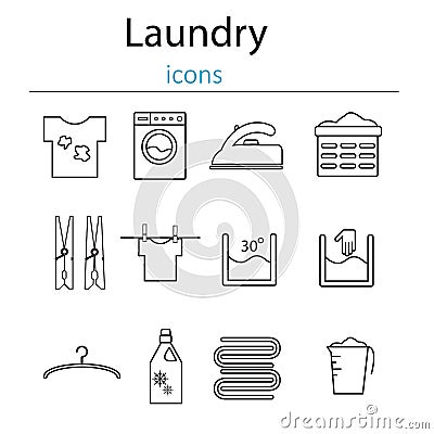 Laundry and washing icons. Laundry and laundry icons in the style of the line. Vector Illustration