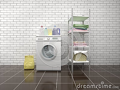 Laundry. Washing machine with detergents. Cartoon Illustration