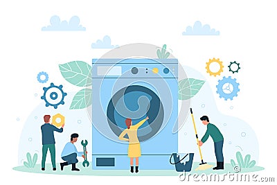 Laundry, washing machine repair and maintenance service, tiny people repairing appliance Vector Illustration