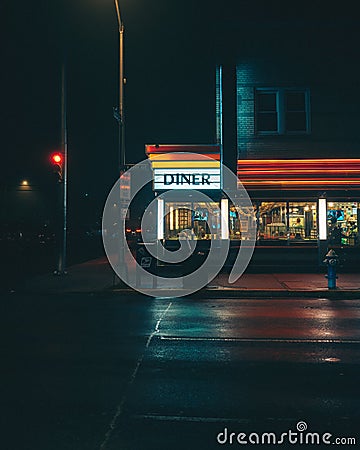 Laurel Diner vintage sign at night, Long Beach, New York Editorial Stock Photo