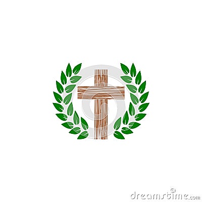 Laurel leaf surrounds the Christian cross icon isolated on white background Vector Illustration