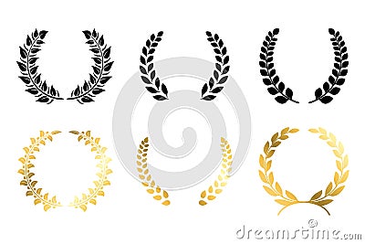 Laurel winner labels. Golden and black luxury badge. Greek or Roman triumph branches. Champion medal mockups with copy Vector Illustration