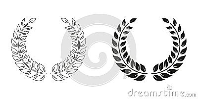 Laurel Wreath, Foliate Award Line and Silhouette Black Icon Set. Chaplet, Winner Emblem, Victory Certificate Pictogram Vector Illustration