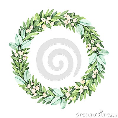Laurel wreath with greenery branches, mistletoe, eucalyptus - Watercolor illustration. Happy new year and merry christmas. Winter Cartoon Illustration