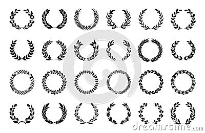 Laurel wreath. Olive or wheat branch emblems, winner award leaf logo, circle leave borders. Antique victory or Vector Illustration