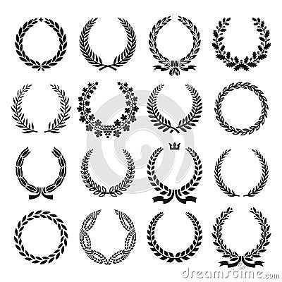 Laurel wreaths. Crest wreath, laurels leaves on branches. Winner icons, victory award logos. Greek branching circle medal tidy Vector Illustration