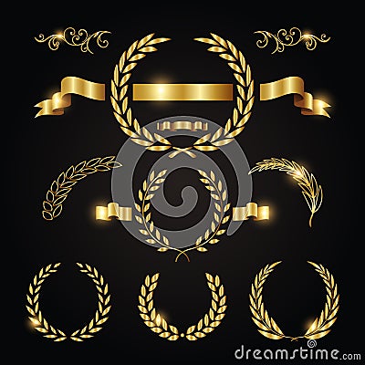 Laurels and decorative frame banner golden design set Vector Illustration