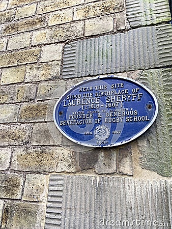 Laurence Sheryff plaque on wall in rugby town centre Editorial Stock Photo