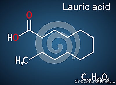 Lauric acid, dodecanoic acid, C12H24O2 molecule. It is a saturated fatty acid. Structural chemical formula on the dark blue Vector Illustration