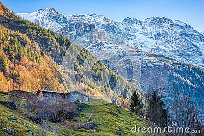 Lauterbrunen Valey and the path to the mountains in Stechelberg Stock Photo