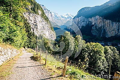 Lauterbrunnen mountain hiking trail road in Switzerland Stock Photo