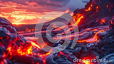 Lava Flow and Sunset in the Style of Uncanny Valley Realism Stock Photo