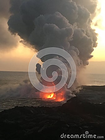 Kalapana Lava flow from volcano into ocean at KÄ«lauea Big Island Hawaii Stock Photo