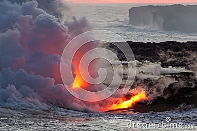 Lava flowing into ocean - Kilauea Volcano, Hawaii Stock Photo