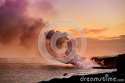 Lava pouring into the ocean creating a huge poisonous plume of smoke at Hawaii`s Kilauea Volcano, Big Island of Hawaii Stock Photo