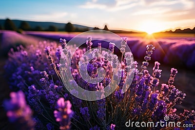 Lavandula angustifolia blooming in vibrant lavender field- agriculture harvest landscape Stock Photo