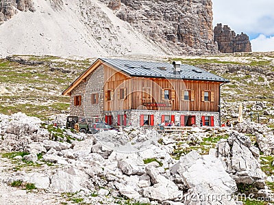 Lavaredo mountain hut, aka Rifugio Lavaredo, at Tre Cime massive, Dolomites, Italy. Editorial Stock Photo