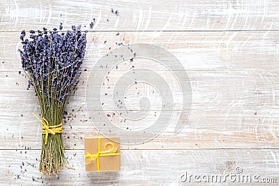 Laveder composition with dry bouquet and box rustic background top view mock-up Stock Photo