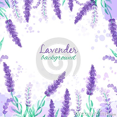 Lavender background with flowers. Watercolor imitation design with paint splashes Vector illustration Provence style Vector Illustration