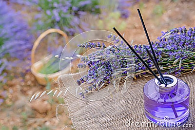 Lavender bottle flower perfume in the field Stock Photo