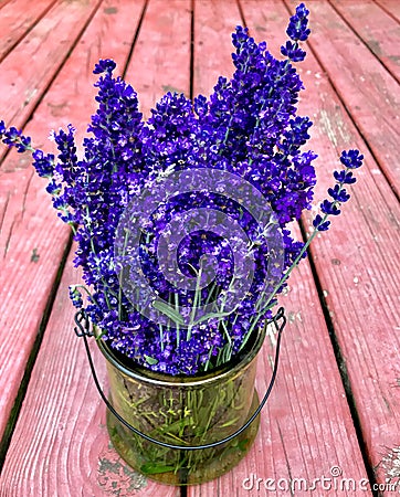 Lavender bouquet again wood backdrop Stock Photo