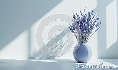 Lavender bouquet in white vase against the wall in room with blue light and texturing shadow. space for text Stock Photo