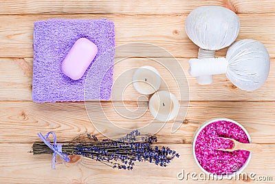 lavender, candles and herbal massage bags top view objects Stock Photo
