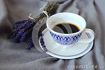 Lavender with coffee cup of coffee Stock Photo