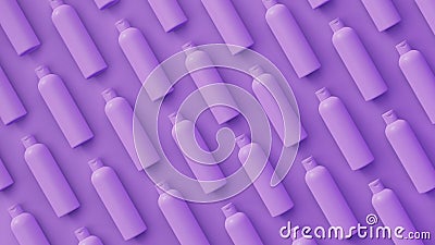 Lavender cosmetic bottles with soft shadow fill background. Perfect ordered bottles hexagonal diagonal layout. 3d render Cartoon Illustration