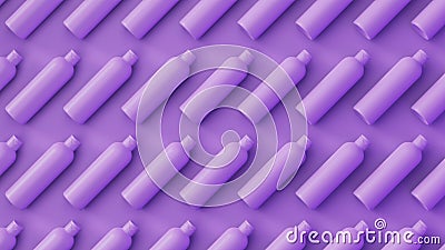 Lavender cosmetic bottles with soft shadow fill background. Perfect ordered bottles hexagonal diagonal layout. 3d render Cartoon Illustration