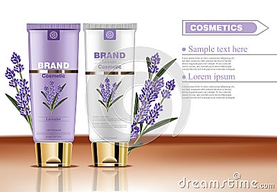 Lavender cream cosmetic set collection Vector mock up. Realistic product packaging label designs. Lotion and body cream Vector Illustration