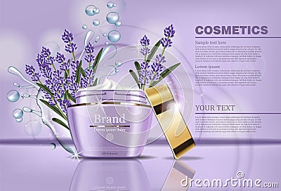 Lavender cream cosmetic Vector mock up. Realistic product packaging label design. Waterdrops and laveder flowers Vector Illustration