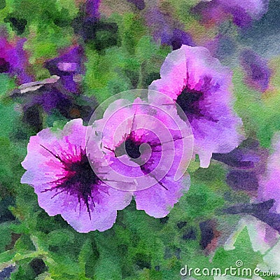 Lavender and dark purple Calibrachoa flowers. Watercolor. Stock Photo