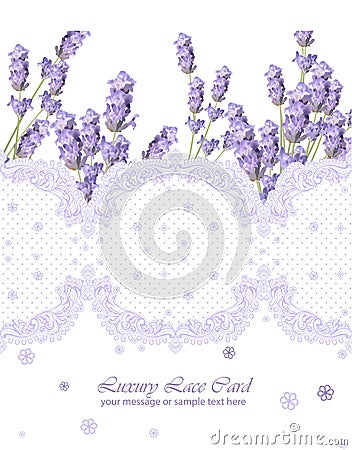 Lavender delicate lace card. Springtime Summer fresh natural wedding card. Vector illustration vertical design Vector Illustration