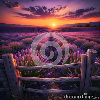 Lavender Dreams: AI Crafted Sunset Over Rustic Fence Stock Photo