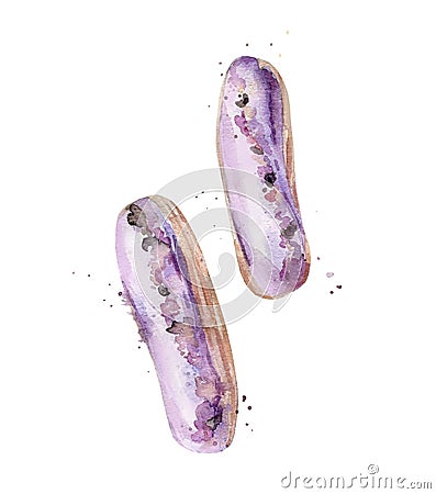 Lavender eclairs. Watercolour sweet cake. Painted minimalist art. Food illustration isolated on white background. Cartoon Illustration