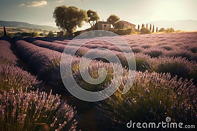 A lavender farm under the blush of the afternoon sun. Capture fields of purple lavender blossoms stretching into the distance Stock Photo