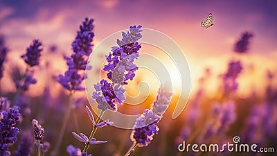 lavender field in the morning lavender flowers and a butterfly at dawn Stock Photo