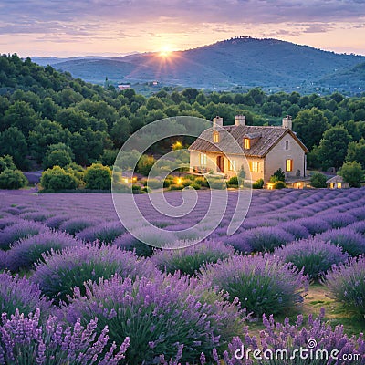 Lavender field at sunset. Beutiful blossoming lavender bushes rows with lonely farm house in the fileds Stock Photo