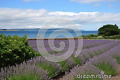 lavender field with view of the ocean, ideal for peaceful meditation Stock Photo