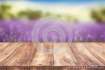 lavender fields farm montage photo with wooden table top Summer flower concept AI Generated Stock Photo
