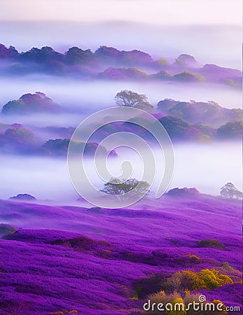 Lavender fields on the hills at the crack of dawn in the haze Stock Photo