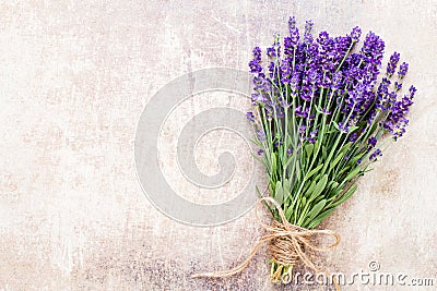 Lavender flowers, bouquet on rustic background, overhead. Stock Photo