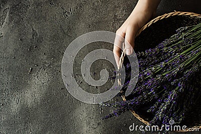 Lavender Flowers Bouquet on Rustic Dark Background Stock Photo