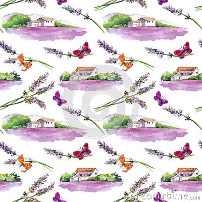 Lavender flowers, butterflies, lavender fields with rural provencal farm houses in Provence, France. Watercolor Stock Photo