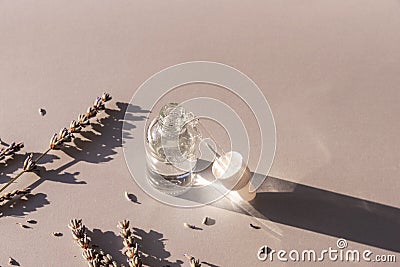 Lavender flowers and cosmetic serum in glass bottle on light gray background, top view. Aromatherapy and natural Stock Photo