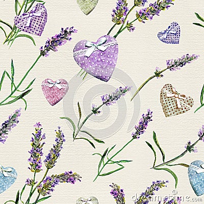 Lavender flowers, hearts. Seamless pattern for Valentine day. Watercolor Stock Photo